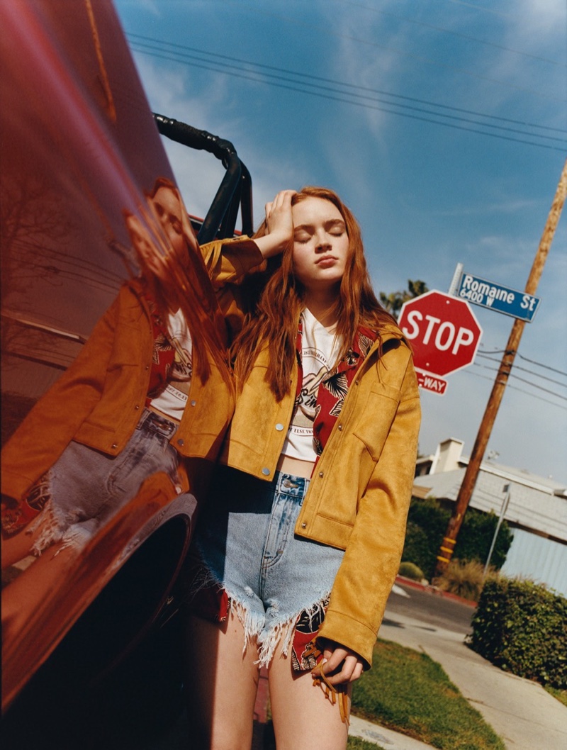Sadie Sink rocks fringed jacket, graphic tee and denim shorts from Pull & Bear collaboration