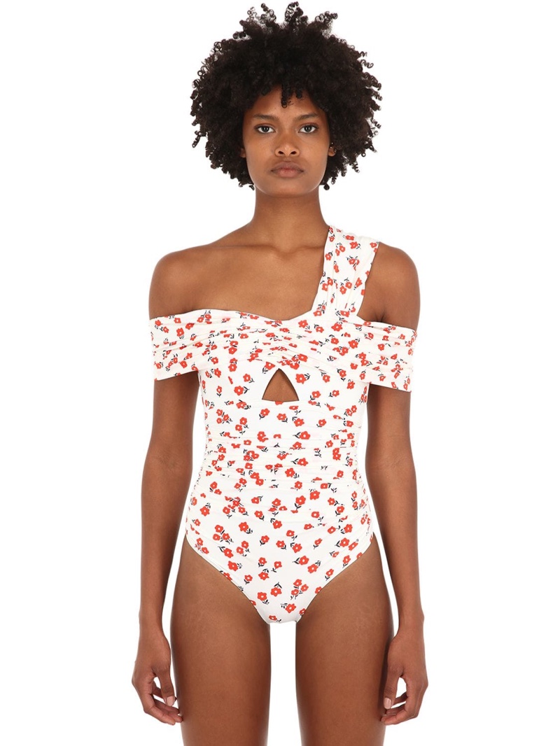 Self-Portrait Draped Floral Print One Piece Swimsuit $335