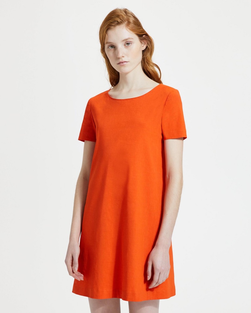 Theory Good Linen Panel Shift Dress in Fire Opal $355