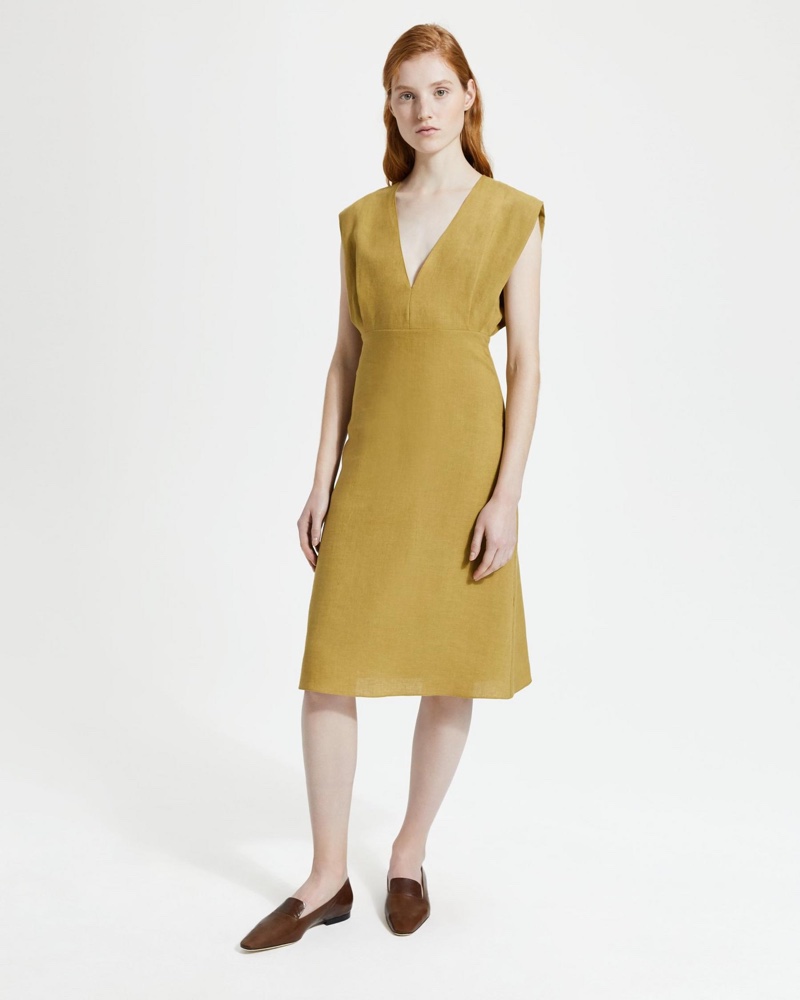 Theory Pure Linen Deep V Easy Midi Dress in Gold Moss $395