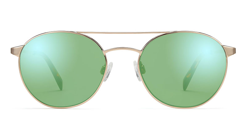 Warby Parker Fisher Sunglasses in Gold with Mirrored Light Green Lenses $145