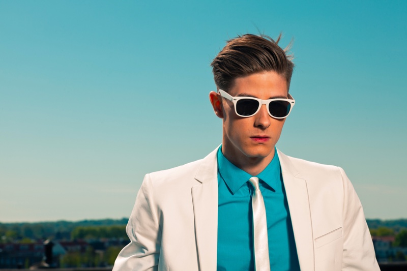 Male Model White Suit Sunglasses
