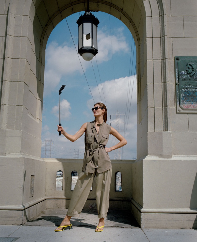 Malgosia Bela wears Zara belted vest, poplin pants with darts and kitten heel sandals