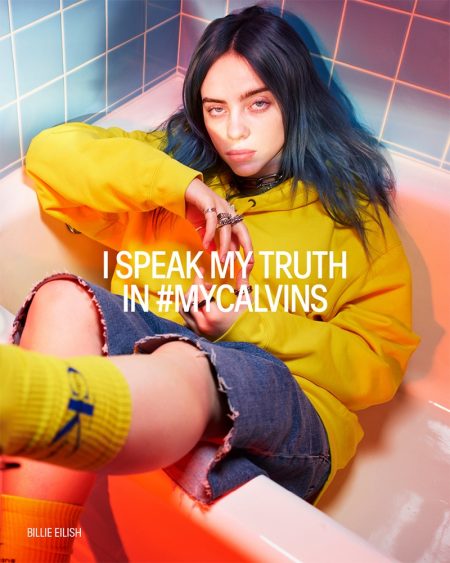 Billie Eilish Takes the Spotlight in Calvin Klein #mycalvins Campaign Posing in a tub, Billie Eilish appears in Calvin Klein #mycalvins campaign