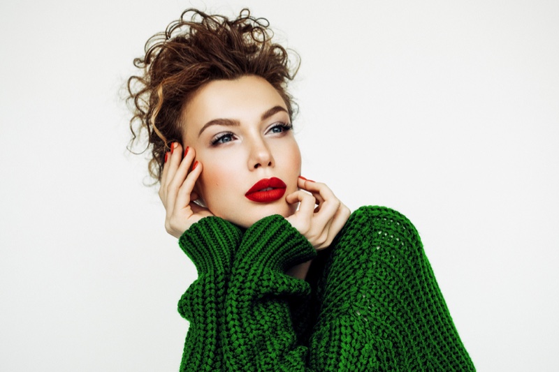 Model Red Lipstick Green Sweater