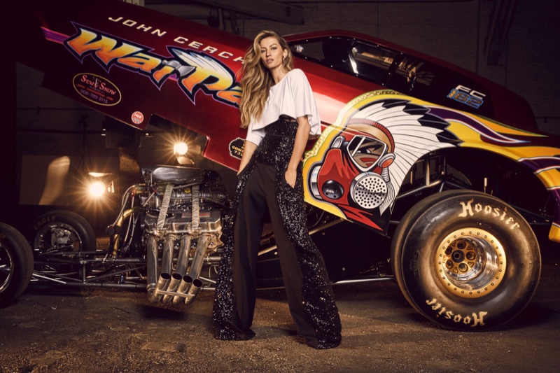 Posing with a painted car, Gisele Bundchen fronts Rosa Cha winter 2019 campaign