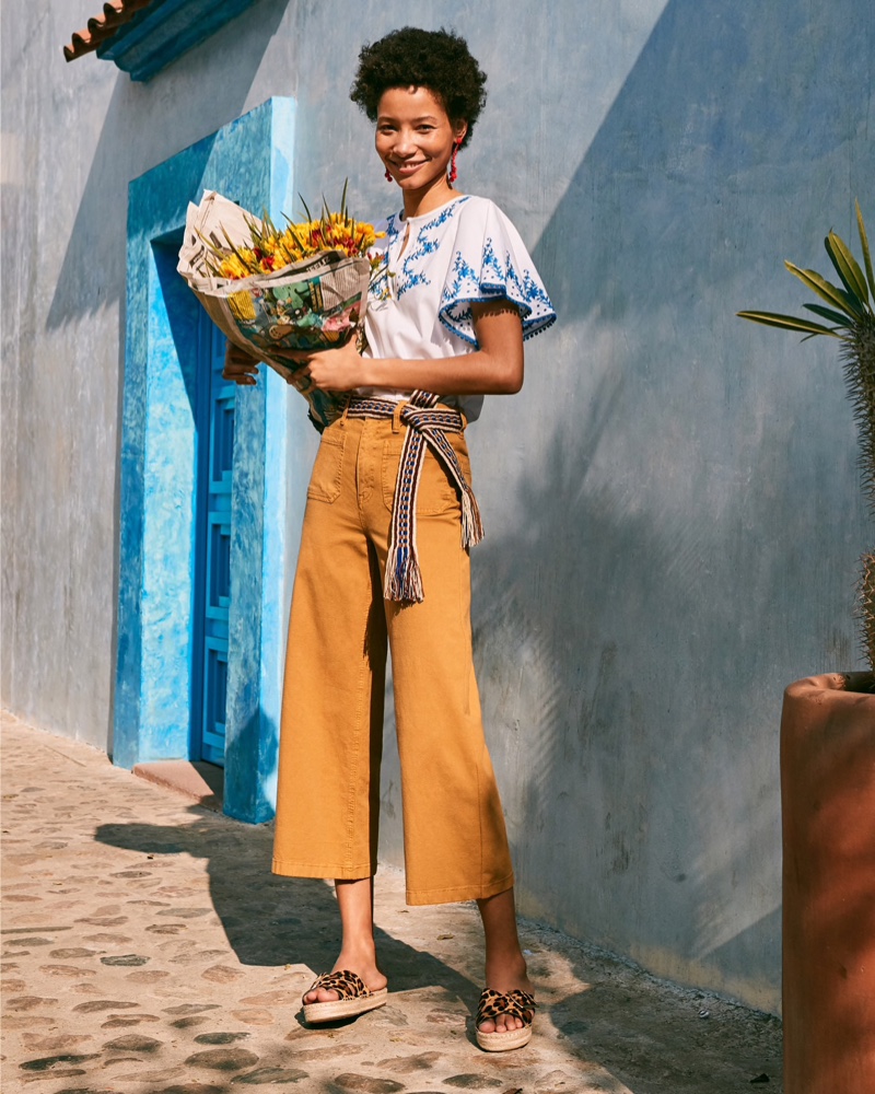 J. Crew Flutter-Sleeve Top with Embroidered Trim $98 and Point Sur Washed Wide-Leg Crop Pant $89.50