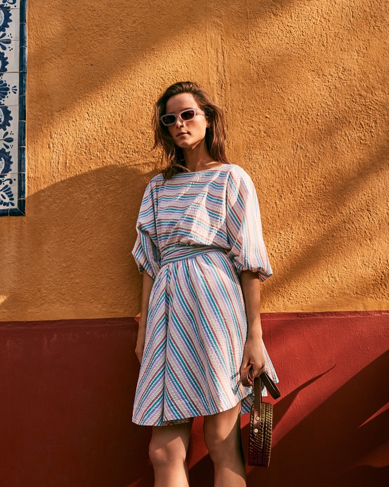 J. Crew Dolman-Sleeve Mini Dress $118, Saltwater Sunglasses $55 and Straw Circle Crossbody Bag $128