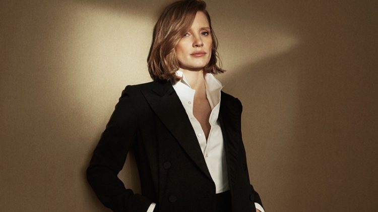 Suiting up, Jessica Chastain poses for Ralph Lauren Woman Intense fragrance advertisement