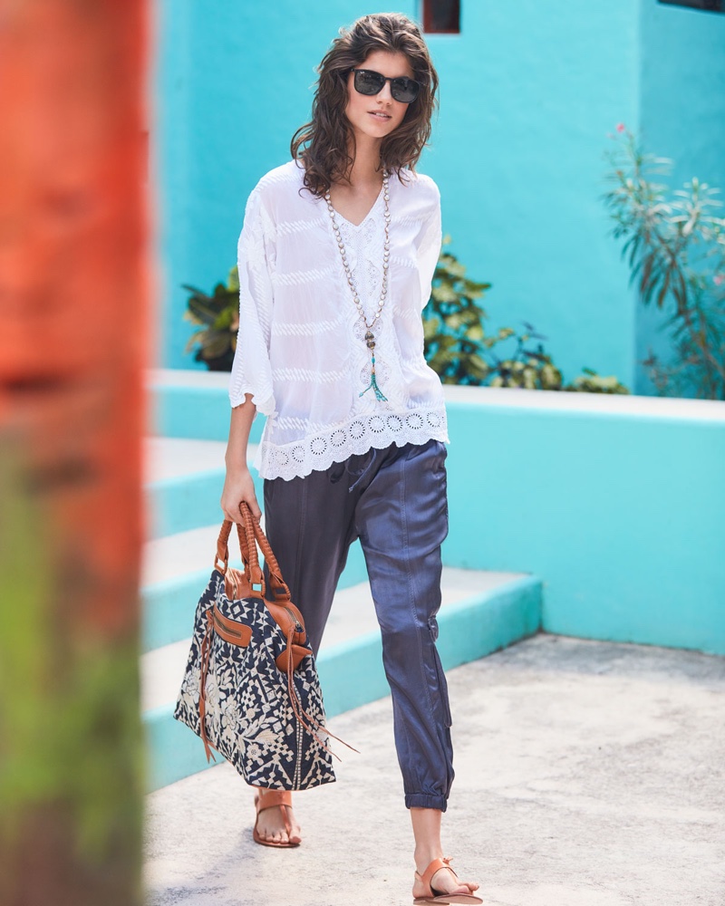 Johnny Was Miliana Georgette Tunic $260, Satin Cargo Pants $180 and Mela Embroidered Tote Bag $355