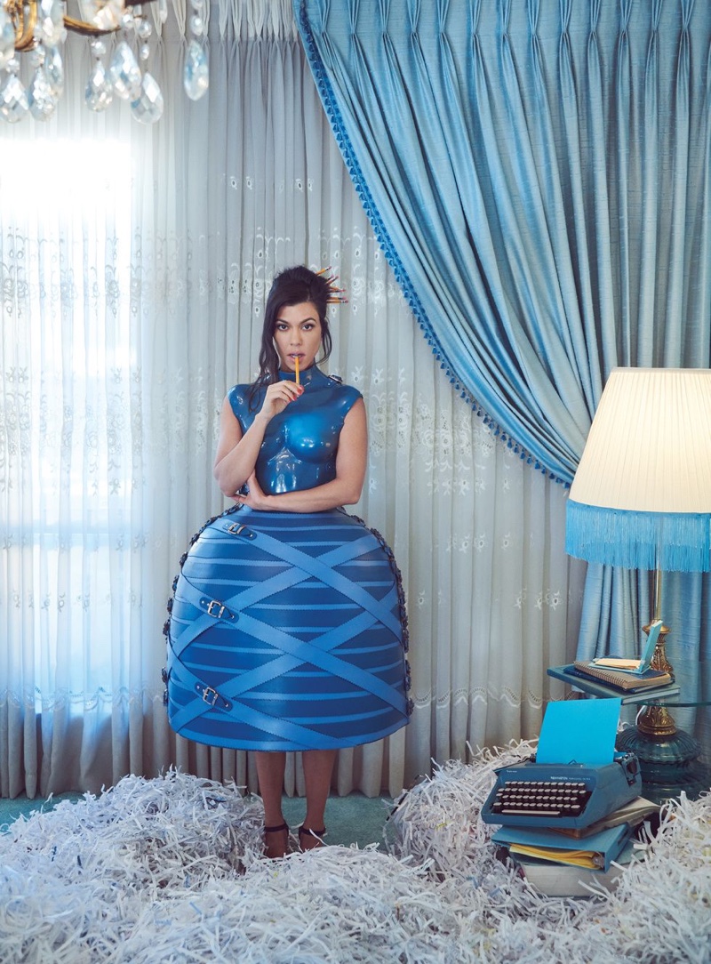 Kourtney Kardashian poses in blue Marina Hoermanseder dress