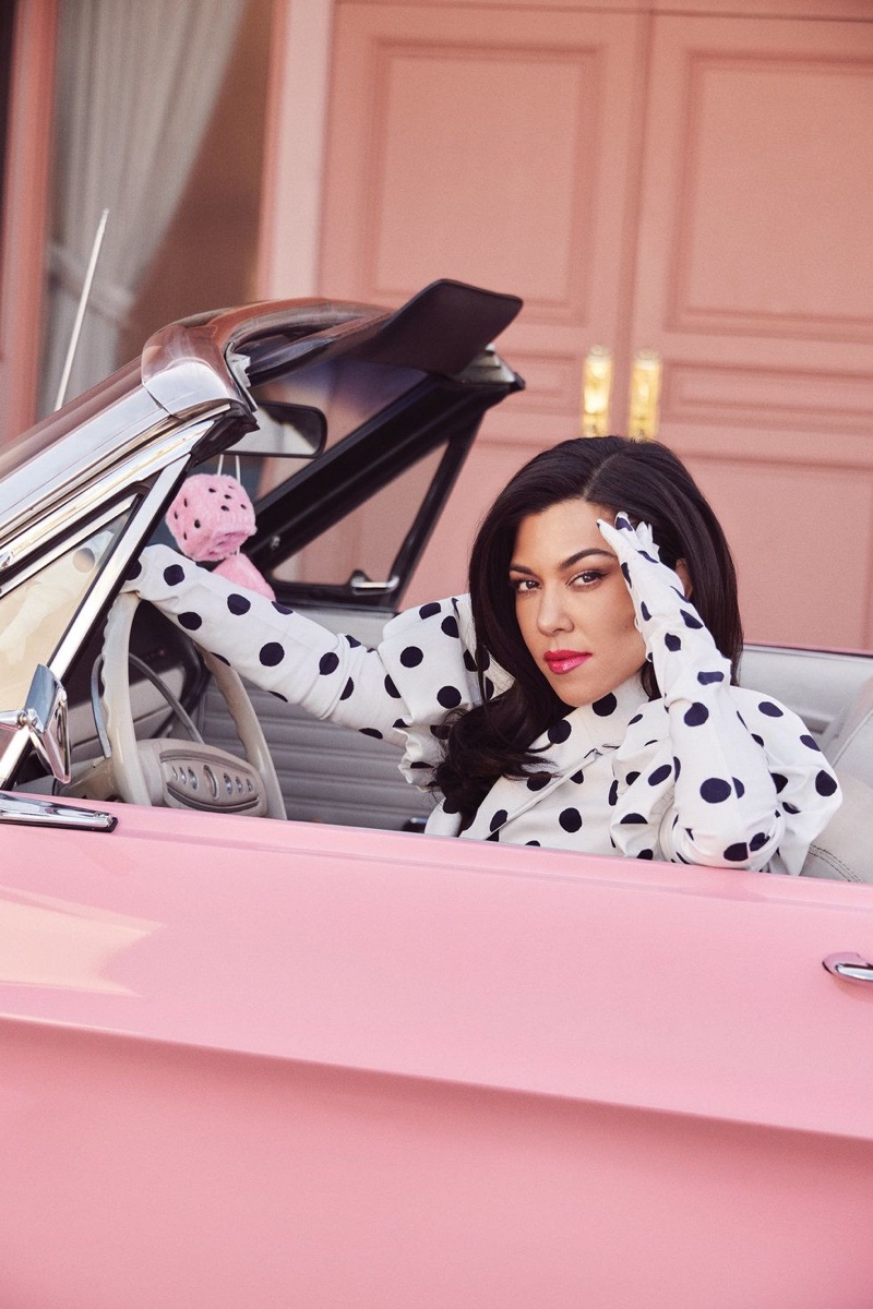 Posing in polka dots, Kourtney Kardashian wears George Keburia ensemble