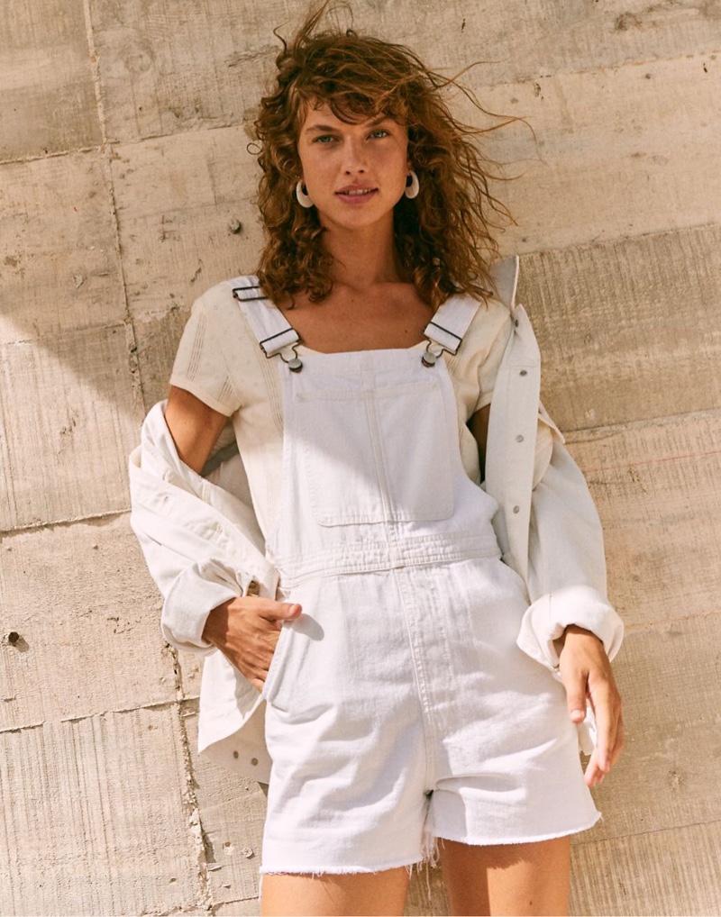 Madewell Pinyon Short Overalls $118, The Oversized Jean Jacket $128 and Pointelle Ribbed Tee $39.50