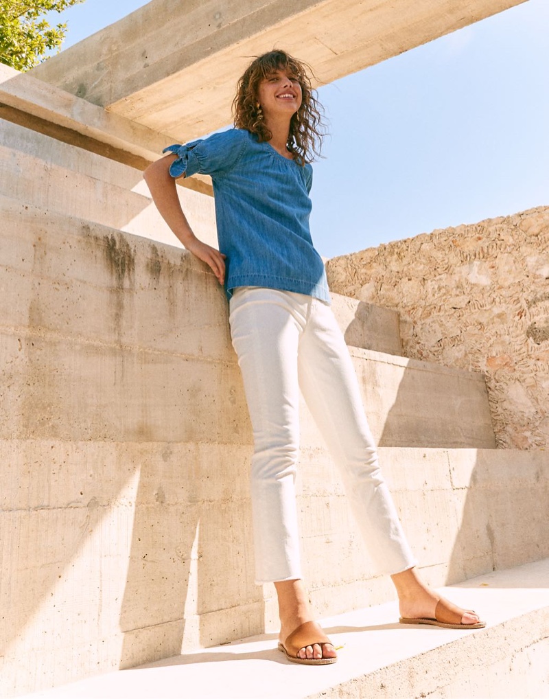 Madewell Denim Tie-Cuff Shirt $75, The High-Rise Slim Boyjean $128 and The Maya Huarache Sandal $98