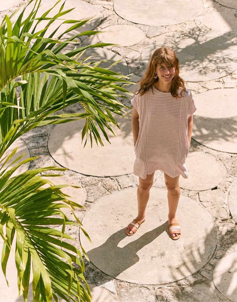 Madewell Stripe-Play Button Back Dress $98 and The Ilana Slide Sandal in Colorblock Leather $78