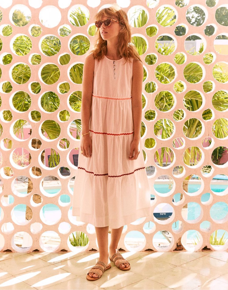 Madewell Rickrack Cattail Tiered Dress $138, The Ilana Slide Sandal in Spot Dot Calf Hair $78 and Peyton Sunglasses $65