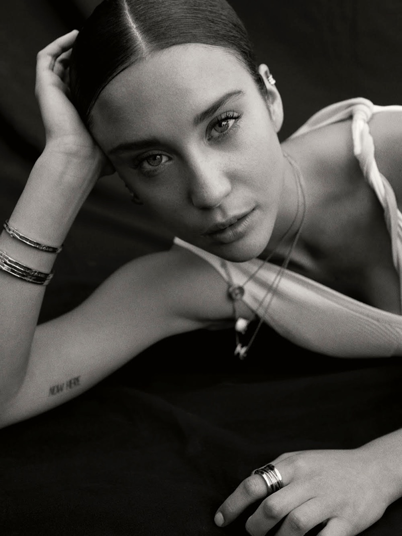 Captured in black and white, Maria Pedraza wears Javier Simorra top with Bulgari jewelry