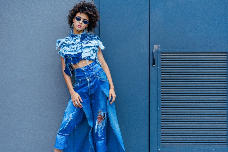 Model Distressed Custom Denim Afro Woman