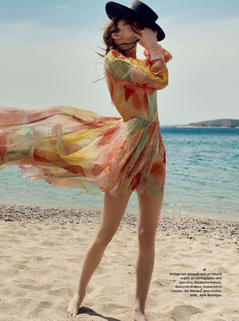 Nastya Abramova Wears Glam Beach Looks for ELLE Greece
