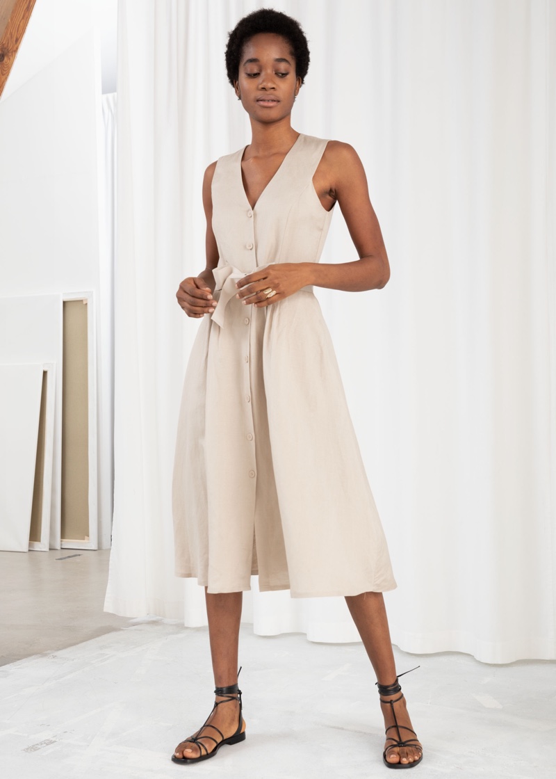 & Other Stories Belted Linen Blend Midi Dress $99