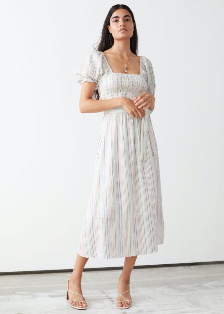 See & Other Stories' Casual Summer Looks & Other Stories Belted Puff Sleeve Midi Dress in Multi Stripes $119