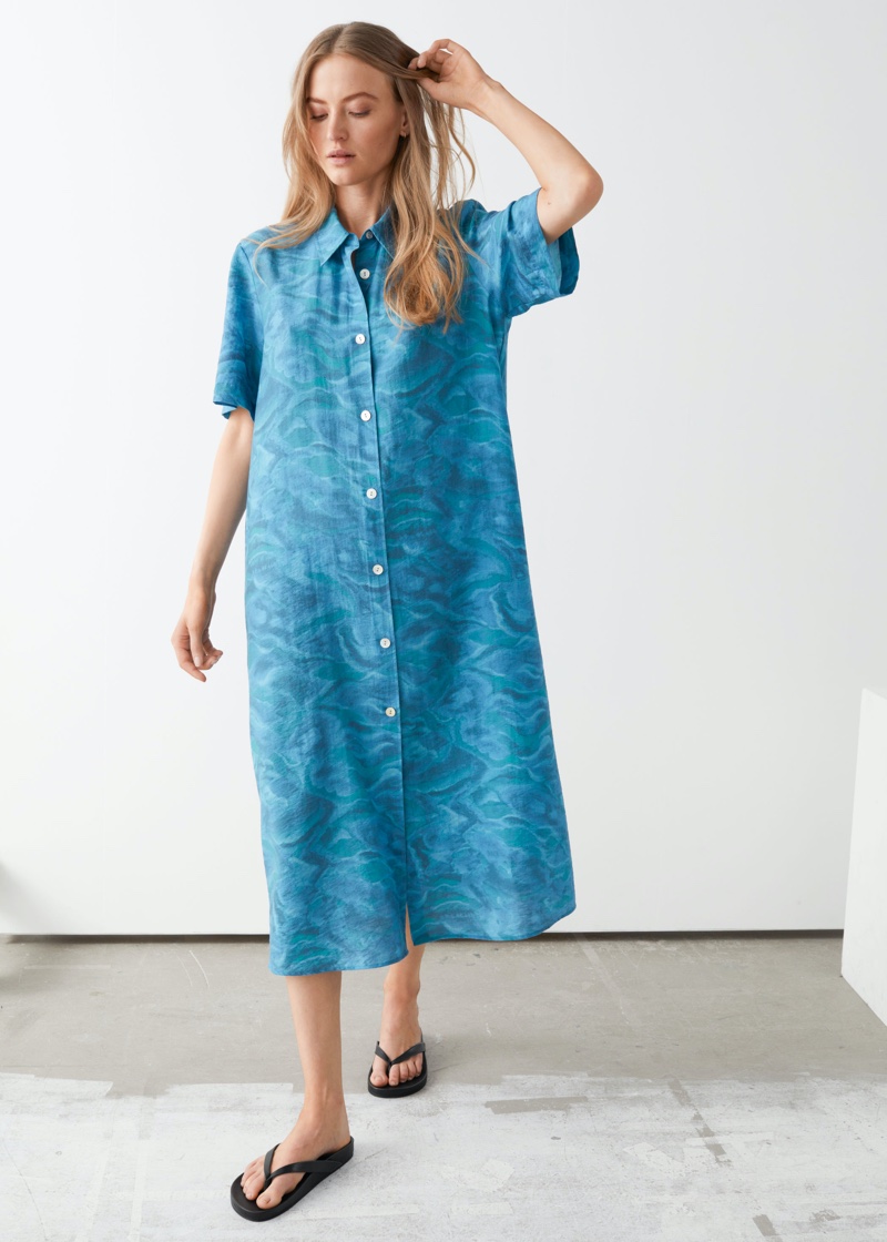 & Other Stories Buttoned Maxi Shirt Dress in Blue Print $99