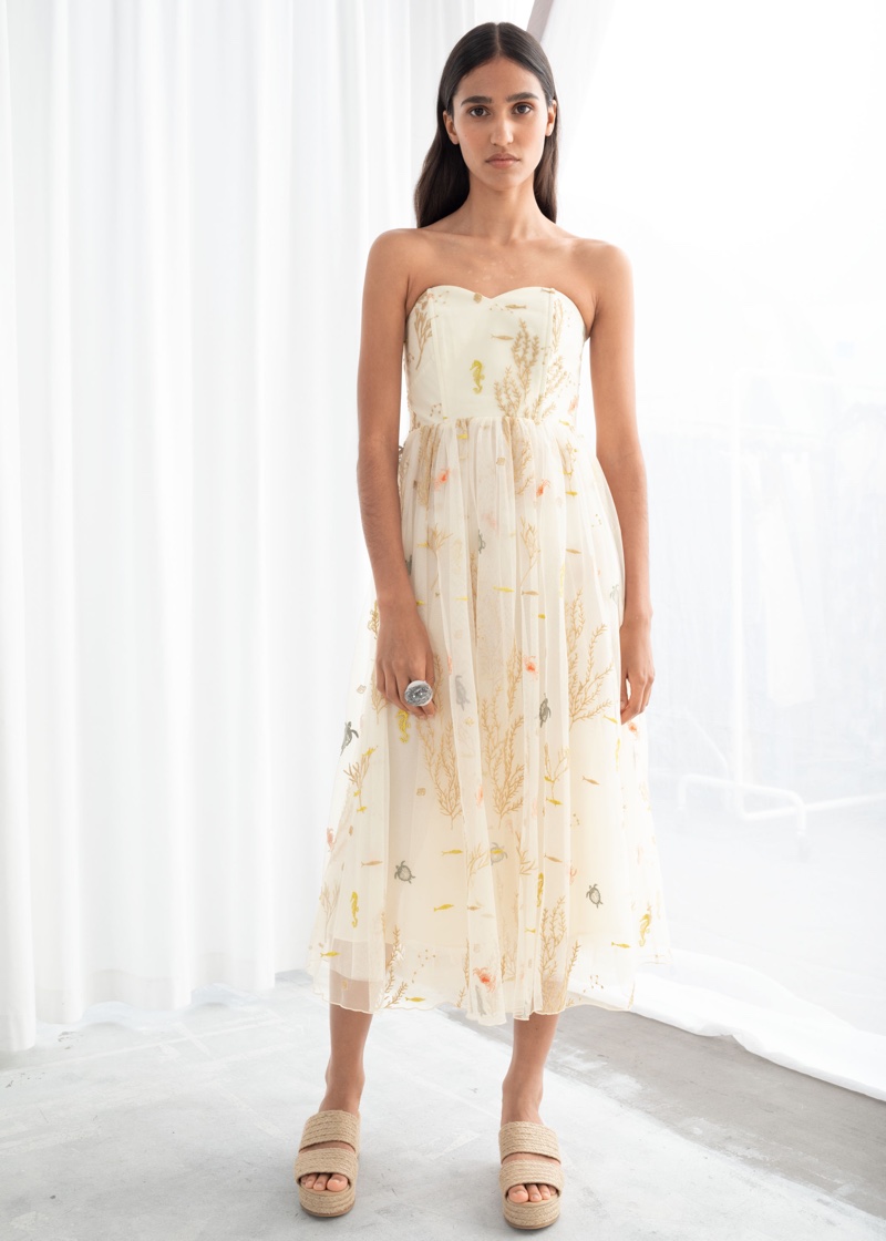 & Other Stories Embroidered Recycled Polyester Tulle Dress $249