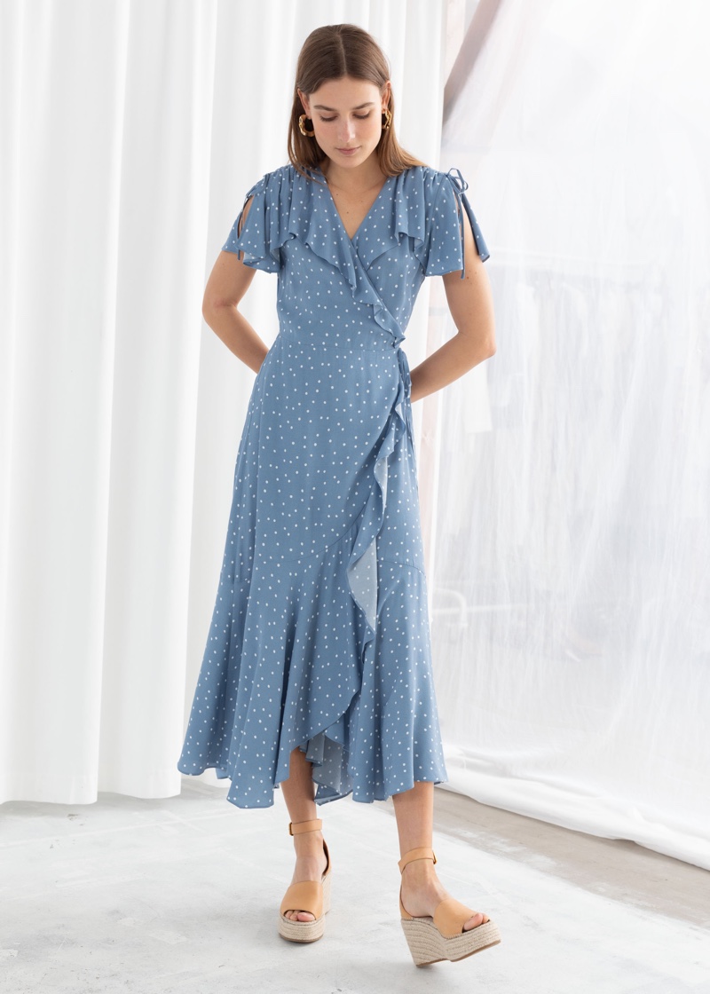 & Other Stories Polka Dot Handkerchief Wrap Midi Dress $99