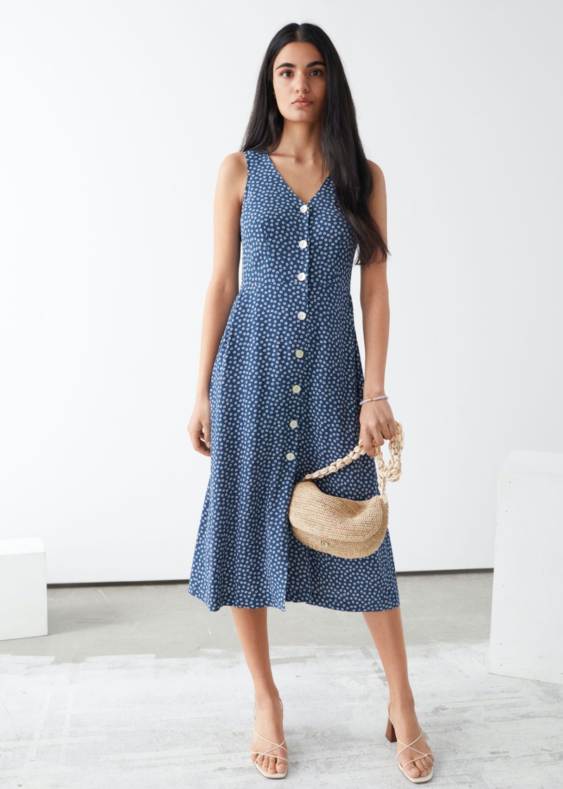 & Other Stories Sleeveless Button Up Midi Dress in Blue Print $99