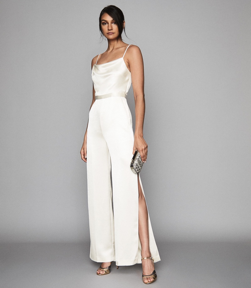 Reiss Arizona Satin Cowl Neck Jumpsuit in Ivory $465