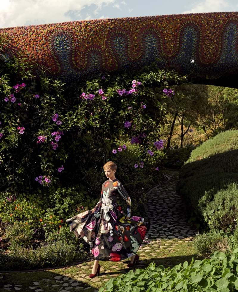 Ruth Bell Poses in Dramatic Floral Fashion for Harper's Bazaar
