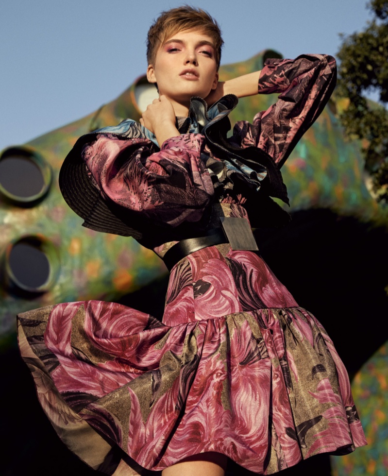 Ruth Bell Poses in Dramatic Floral Fashion for Harper's Bazaar