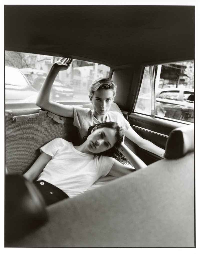 Electric pop duo Say Lou Lou poses in Rag & Bone white tee campaign