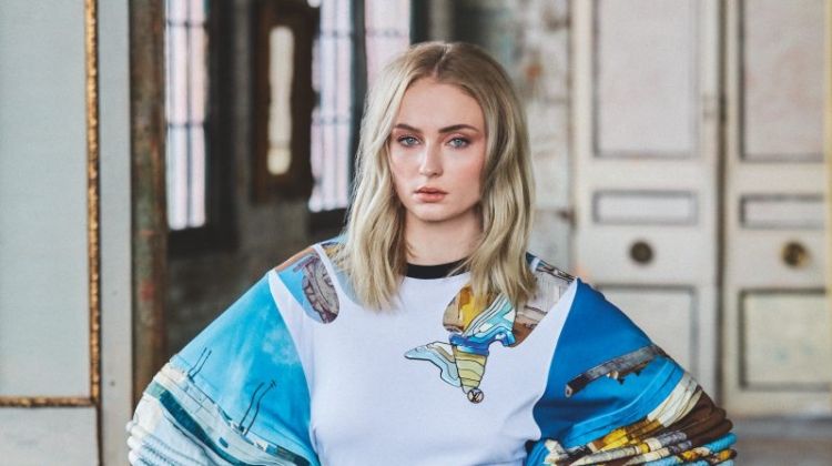 Actress Sophie Turner poses in Louis Vuitton dress