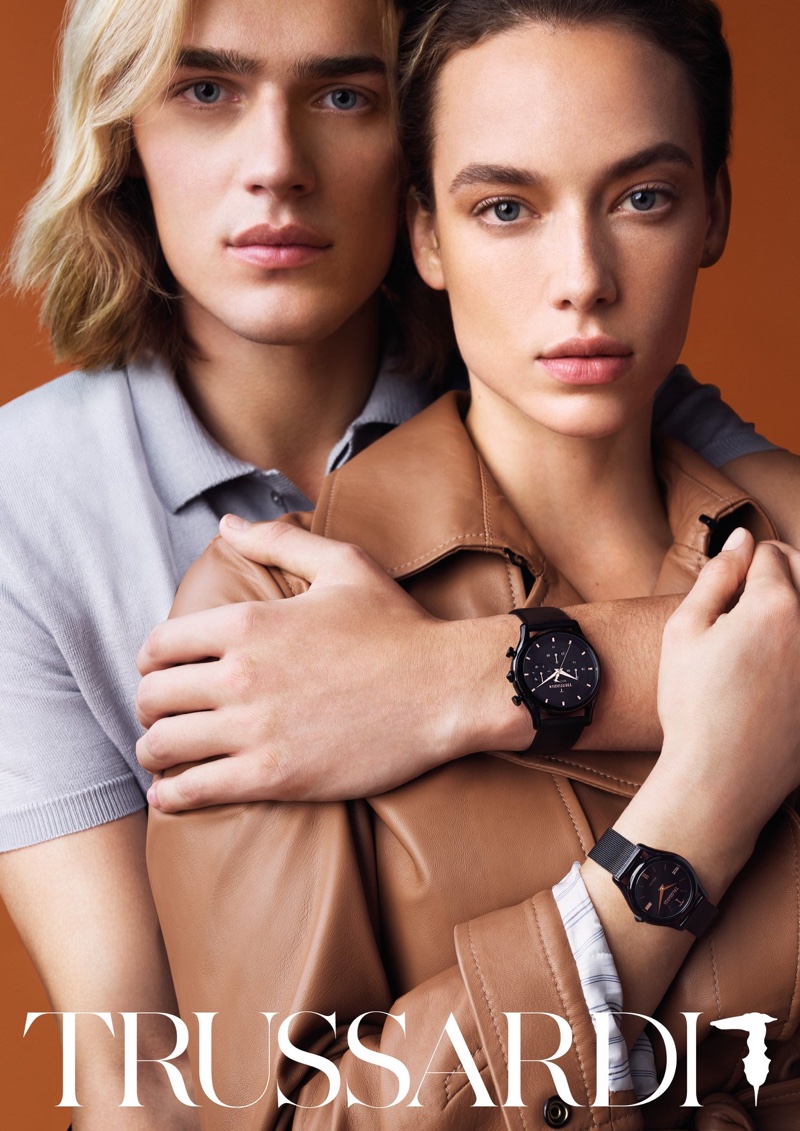 Hannah Ferguson and Ton Heukels wear watches in Trussardi spring-summer 2019 campaign