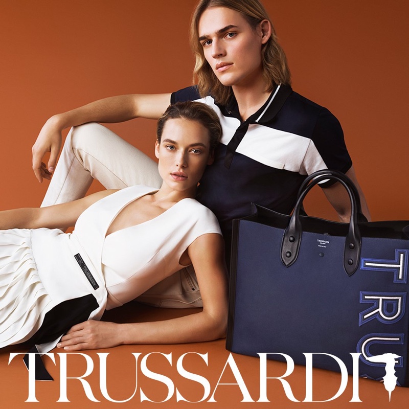 Hannah Ferguson poses with Ton Heukels for Trussardi spring-summer 2019 campaign