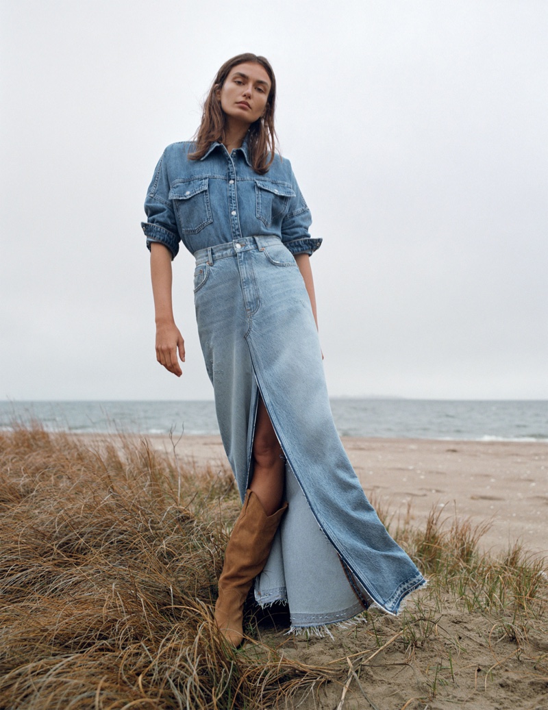 Zara ZW Premium Denim Overshirt, Denim Skirt with Slit and Join Life Heeled Cowboy Boots