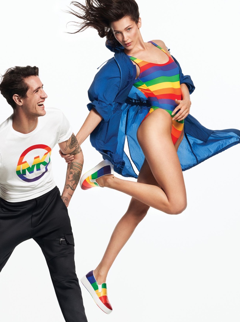 Bella Hadid poses in Michael Kors #MKGO Rainbow collection campaign