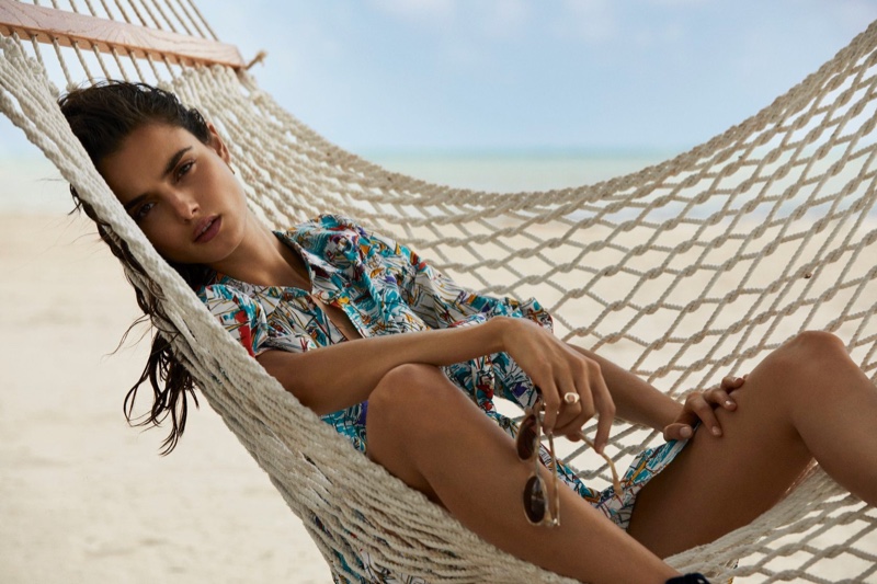 Posing in a hammock, Blanca Padilla models summer style from Pedro del Hierro