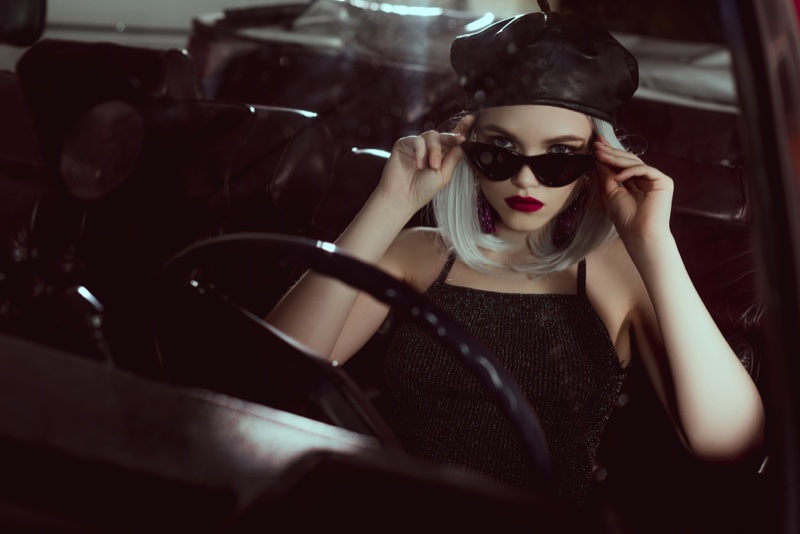 Blonde Model Car Beret Sunglasses