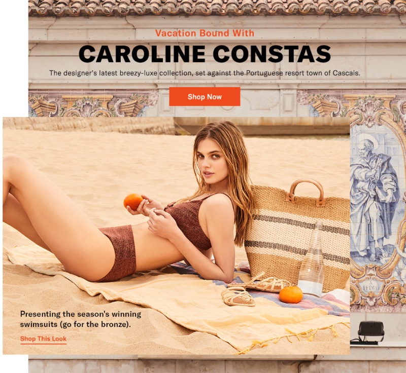 Caroline Constas Marta Bikini Top $165, Viki Bikini Bottoms $165 and Carrie Forbes Noura Slides $264 