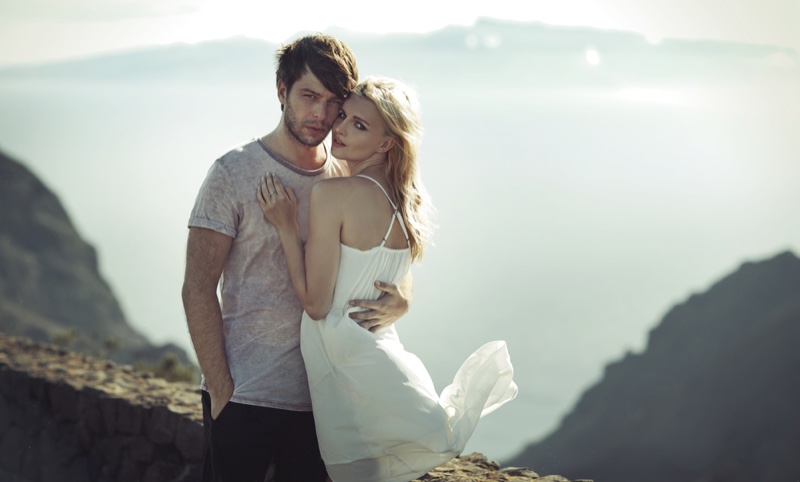 Couple Embracing Attractive Girl White Dress