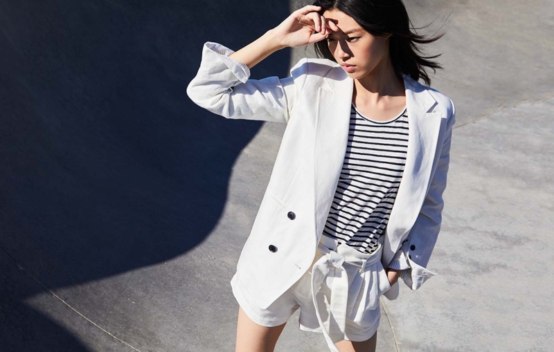 FRAME Linen/Cotton Boyfriend Blazer $575, Striped Army Tank $95 and High-Rise Tie-Up Shorts $250