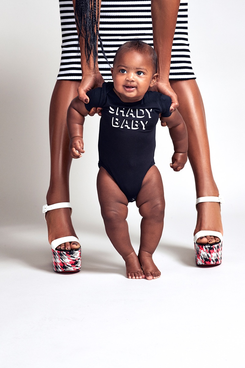 Kaavia James poses in Shady Baby onesie from New York & Company