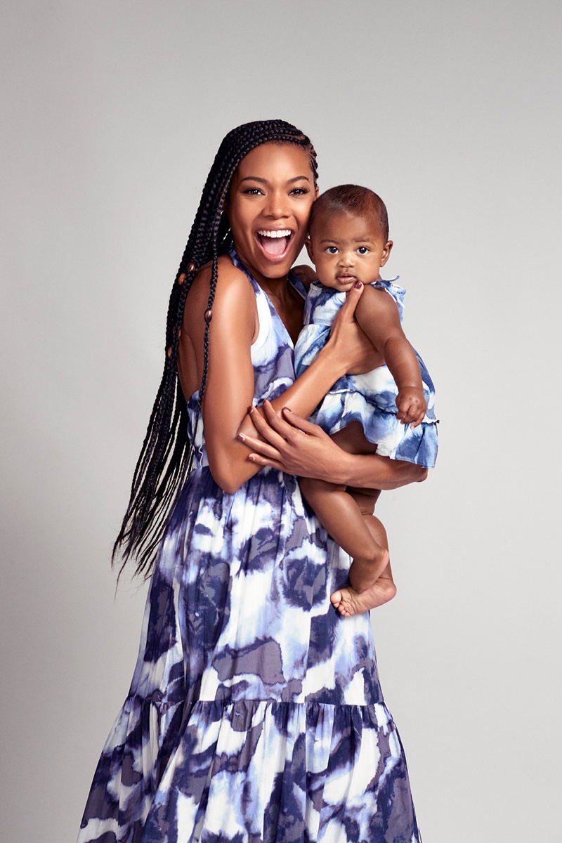 The mother and daughter wearing matching prints for New York & Company photoshoot