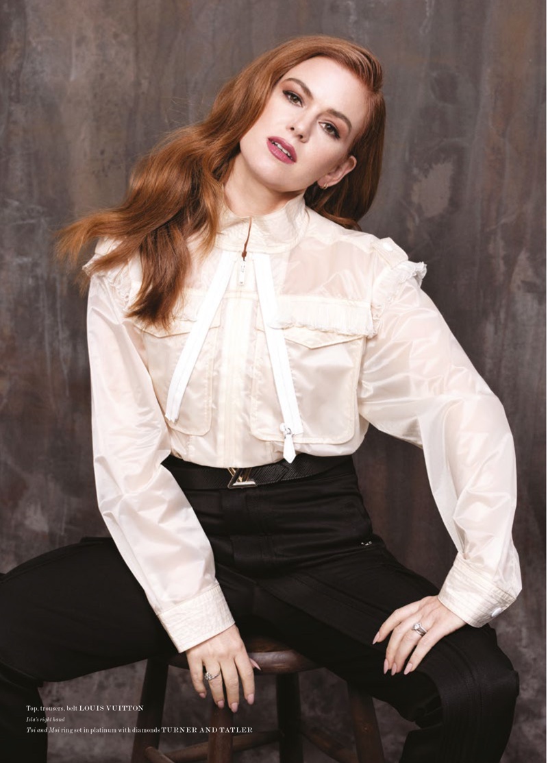 Isla Fisher poses in Louis Vuitton look