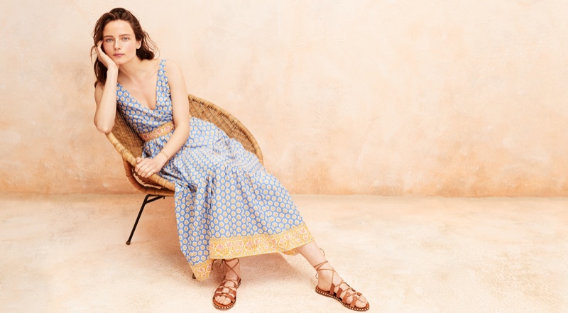 J. Crew Tiered Maxi Dress in Royal Block Print $118 and Studded Wrap Sandals $158
