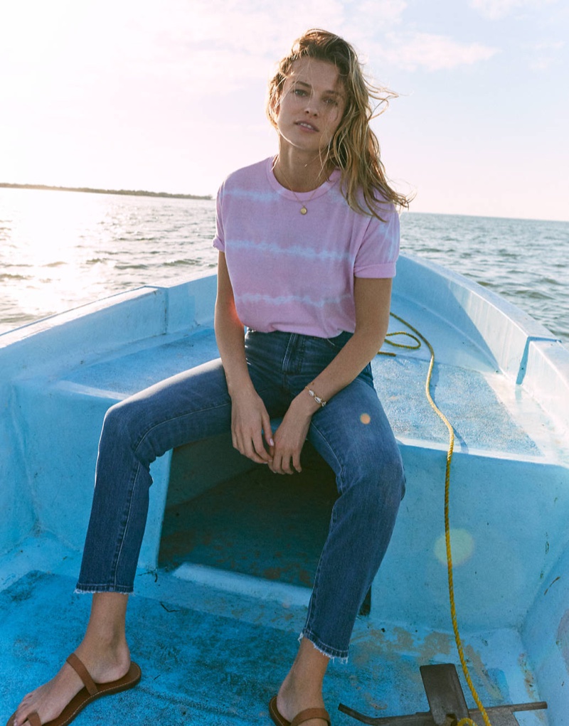 Madewell Rivet & Thread Oversized Tie-Dyed Tee $59.50, The Perfect Vintage Jean $115 and The Boardwalk Bare Slide Sandal $59.50