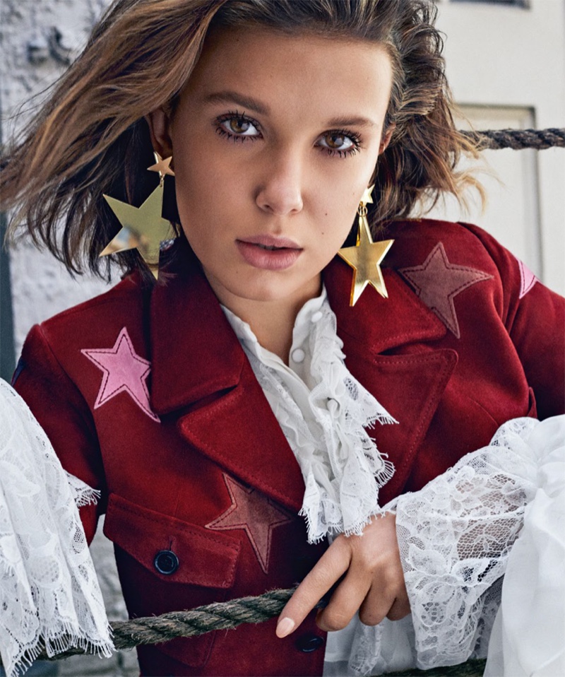 Looking like a star, Millie Bobby Brown poses in Saint Laurent ensemble