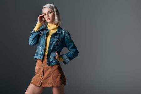 Model Fashion Denim Jacket Turtleneck Corduroy Skirt